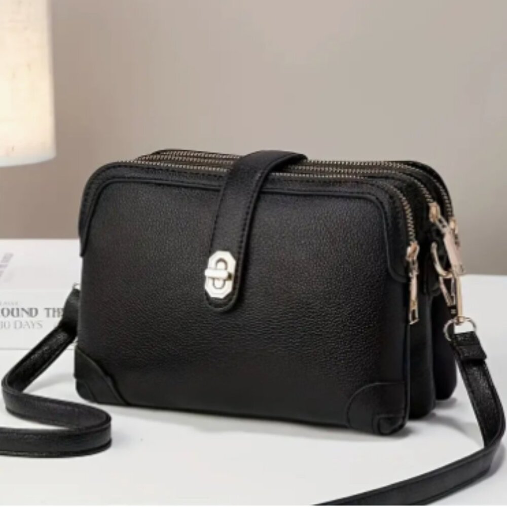 Black Leather Cell Phone Multi Pocket Crossbody Handbag